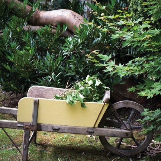 Brouette peinte avec Farrow & Ball Dayroom Yellow, jaune pâle lumineux