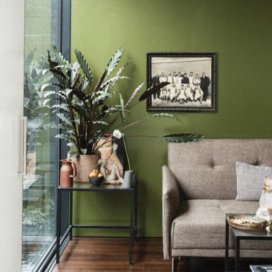 Intérieur peint avec Farrow & Ball Bancha, vert olive profond