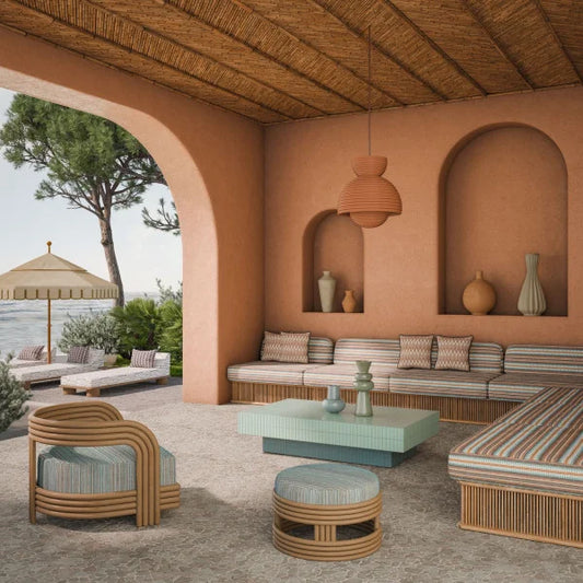 Coussins et mobilier habillés avec le tissu Hozho – jacquard outdoor élégant et original