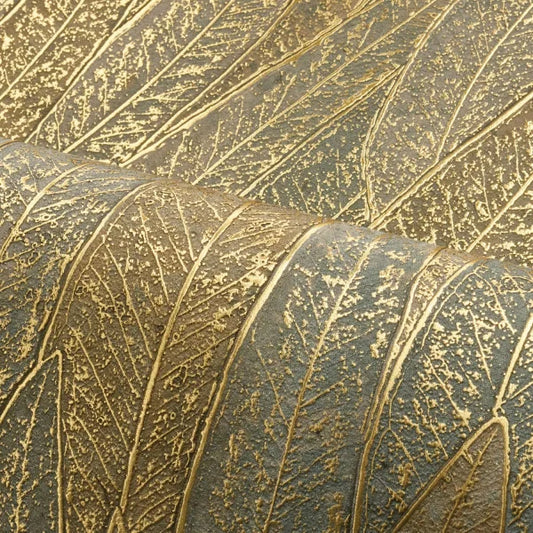 Zoom, papier peint Cinerea Casamance, feuillage doré en relief