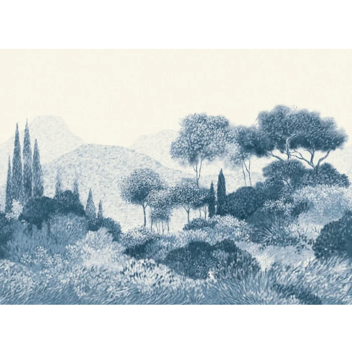 Vue d'ensemble panoramique Maquis Corse Casamance, paysage méditerranéen impressionniste bleu