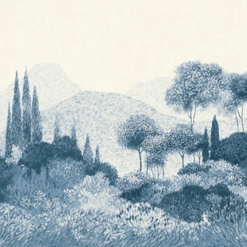 Vue d'ensemble panoramique Maquis Corse Casamance, paysage méditerranéen impressionniste bleu