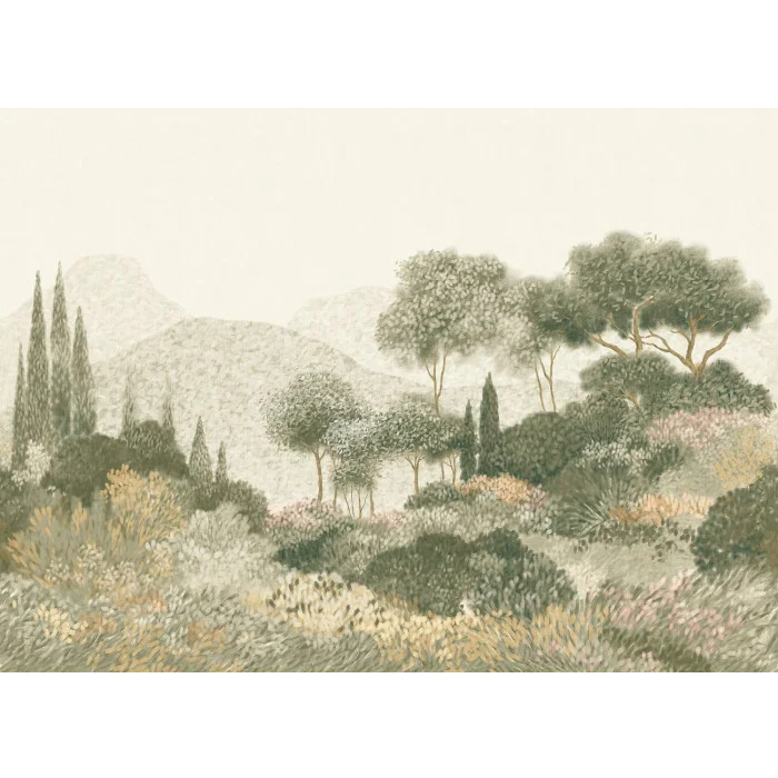Vue d'ensemble panoramique Maquis Corse Casamance, paysage méditerranéen impressionniste vert