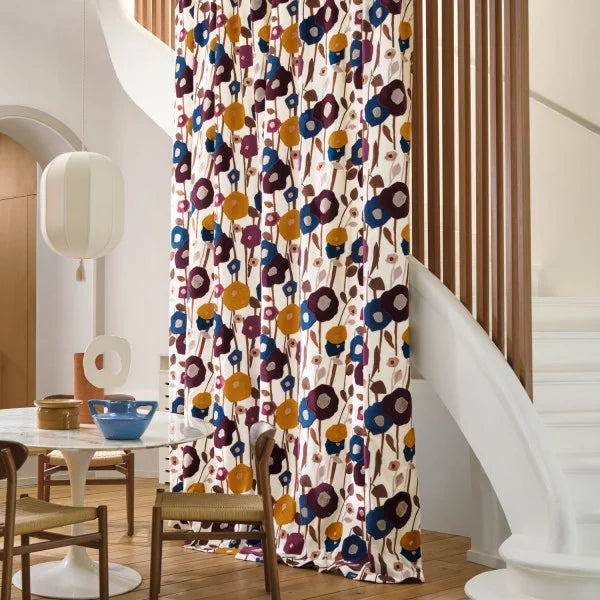 Rideaux, tissu Manali Casamance, fleurs brodées en velours sur coton