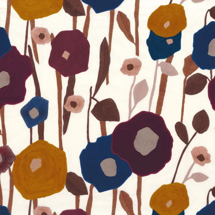 Tissu Manali Casamance, fleurs brodées en velours sur coton, bleu violet