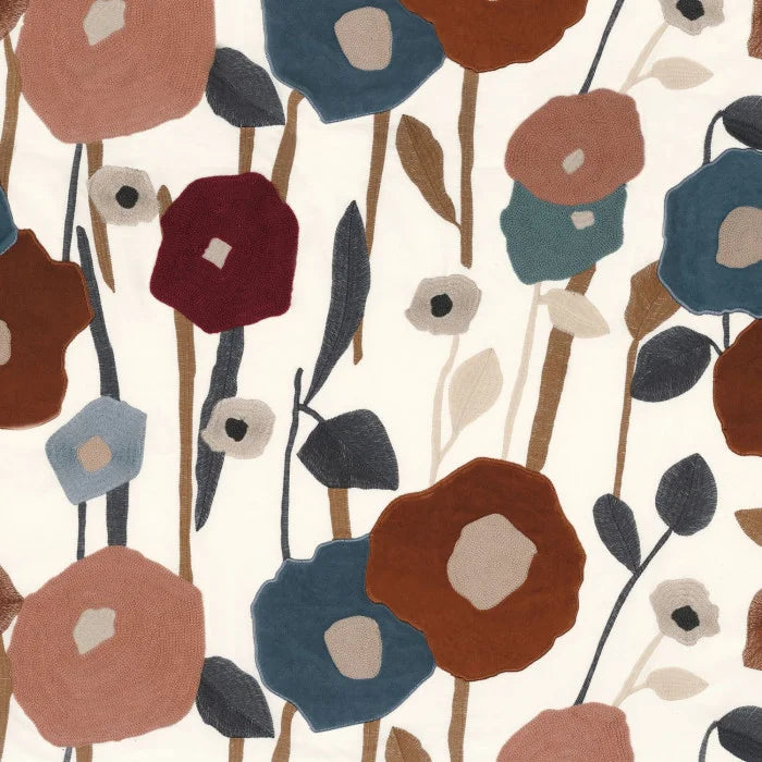 Tissu Manali Casamance, fleurs brodées en velours sur coton, bleu orange