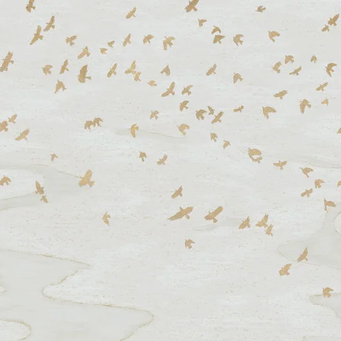 Vue d'ensemble panoramique Migration Casamance, décor aux oiseaux migrateurs, blanc dorée