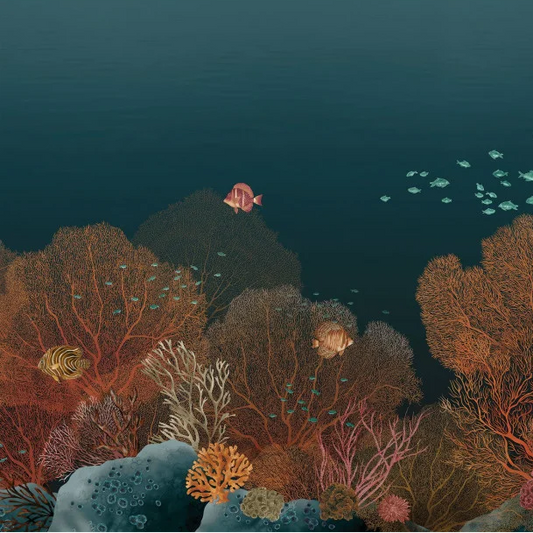 Vue d'ensemble panoramique Polynésie Casamance, décor sous-marin coloré et vivant bleu