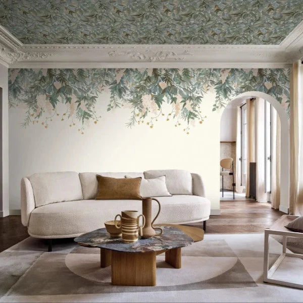 Mise en scène papier peint Solandra Casamance, coordonné au panoramique Wisteria