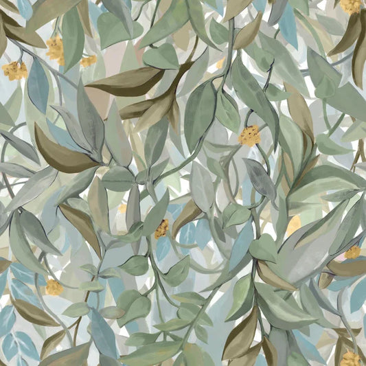 Papier peint Solandra Casamance, coordonné au panoramique Wisteria vert bleu