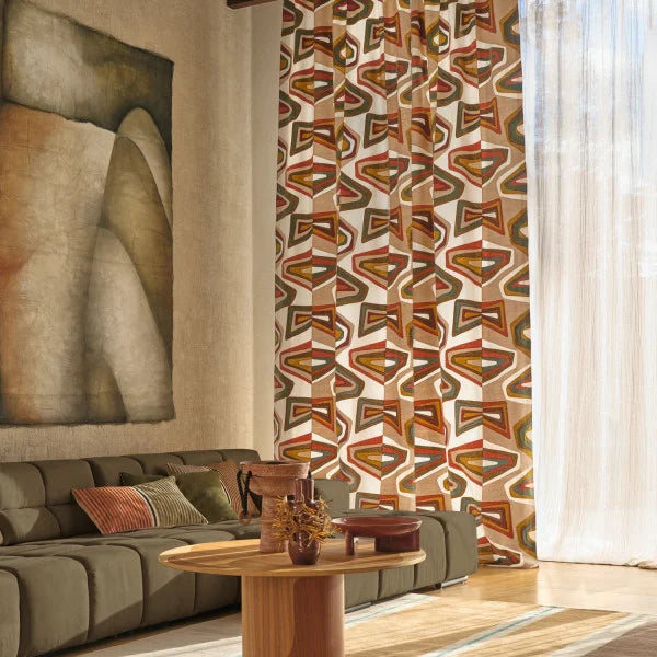 Rideaux confectionnés avec le tissu West Dream – motifs graphiques et matité