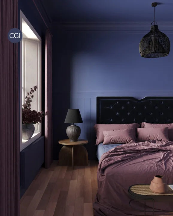 Mur chambre avec Peinture Farrow & Ball Blue Maize No.CB11 bleu profond intense