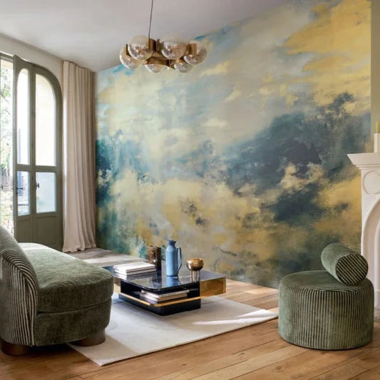 Mise en scène panoramique Heure dorée Casamance, décor lumineux et apaisant, bleu dorée
