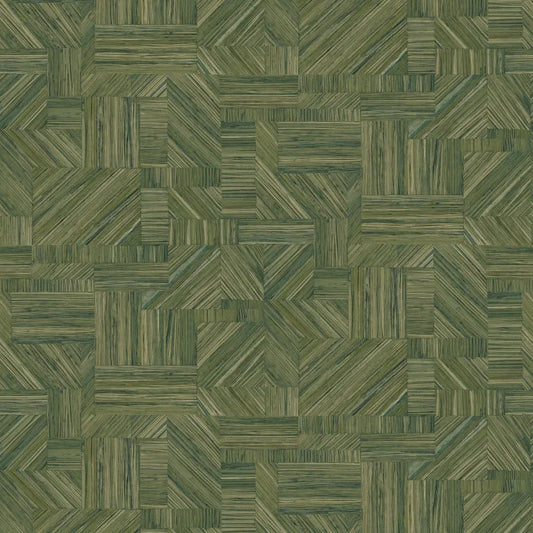 Papier peint Imbrication Casamance, motifs géométriques façon paille, vert
