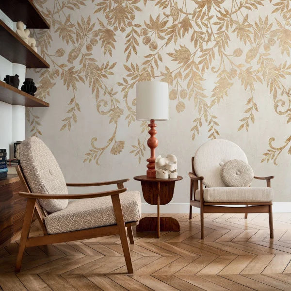 Mise en scène panoramique Jardin de Diane Casamance, décor végétal et doré
