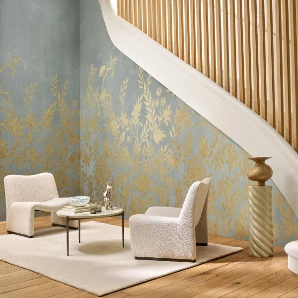 Mise en scène panoramique Jardin de Diane Casamance, décor végétal bleu et doré