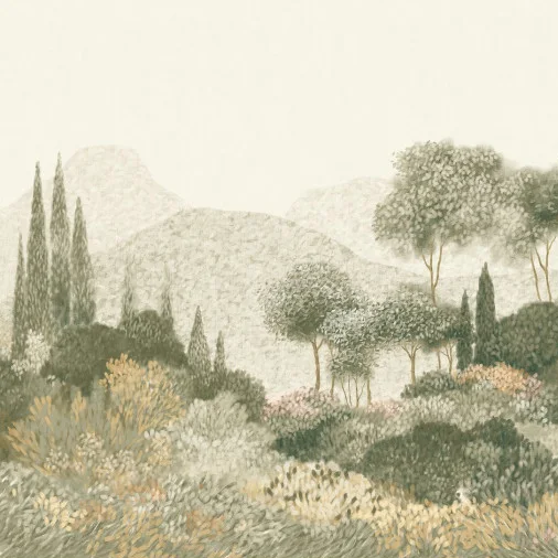 Vue d'ensemble panoramique Maquis Corse Casamance, paysage méditerranéen impressionniste vert