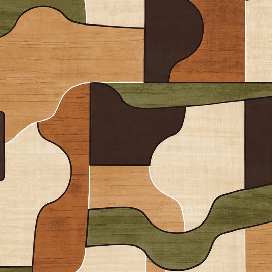 Papier peint Modernismo Casamance, design géométrique et bois stylisé, marron, vert