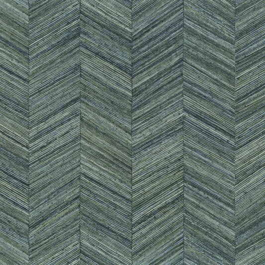 Papier peint Ocotea Casamance, chevron effet bois réaliste, vert bleu
