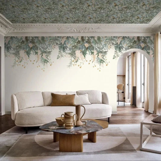 Mise en scène papier peint Solandra Casamance, coordonné au panoramique Wisteria